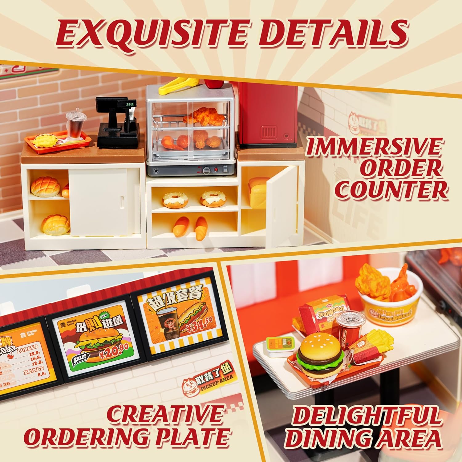 ROBOTIME DIY Miniature Dollhouse Kits Yum Burgers With LED Building Craft DW010
