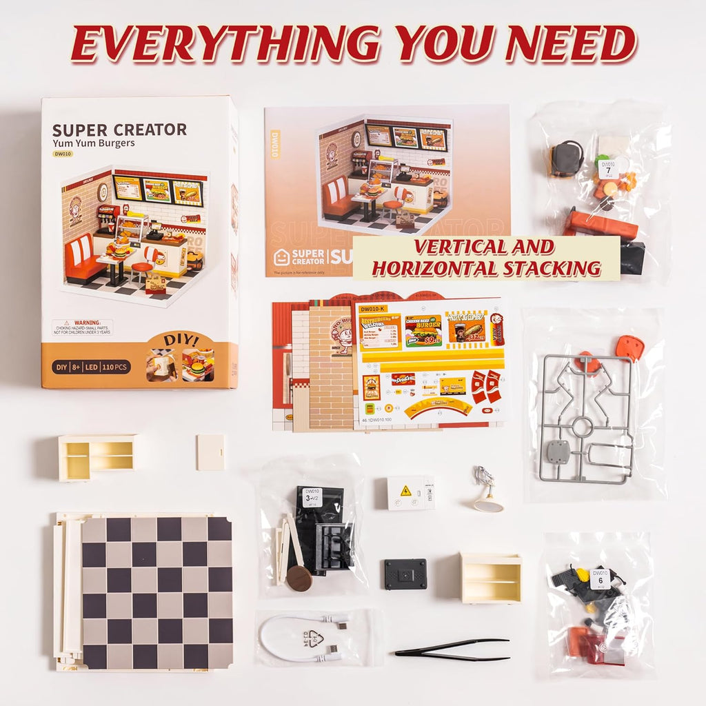 ROBOTIME DIY Miniature Dollhouse Kits Yum Burgers With LED Building Craft DW010
