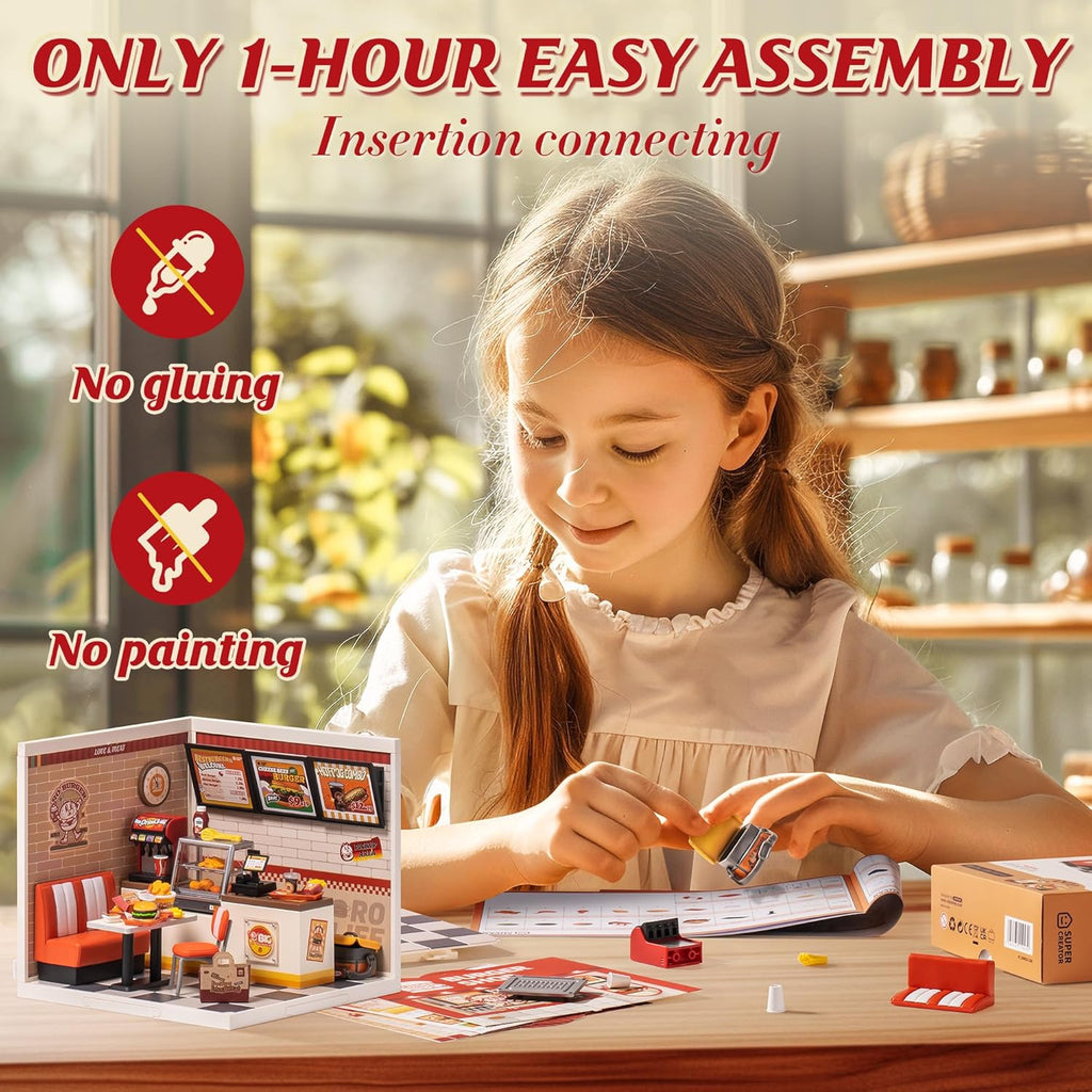 ROBOTIME DIY Miniature Dollhouse Kits Yum Burgers With LED Building Craft DW010