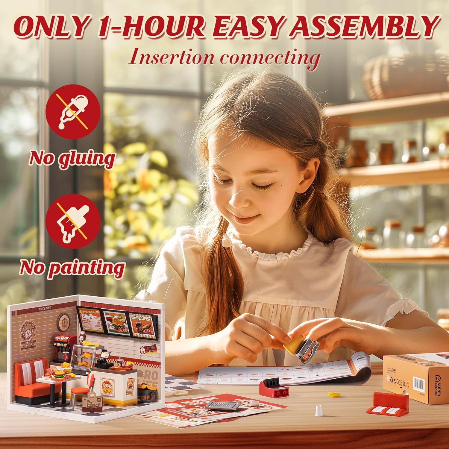ROBOTIME DIY Miniature Dollhouse Kits Yum Burgers With LED Building Craft DW010