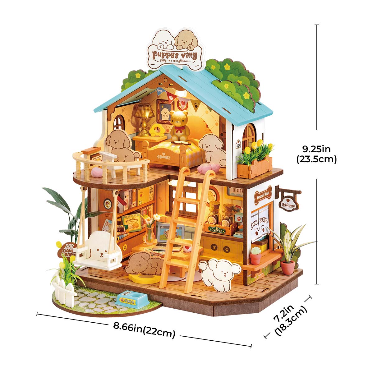 ROBOTIME DIY Miniature Dollhouse Kit - Puppy's Cozy Villa With LED Lights And Furniture, Wooden Model Building Set For Adults And Kids, Creative Gift For Leisure Time